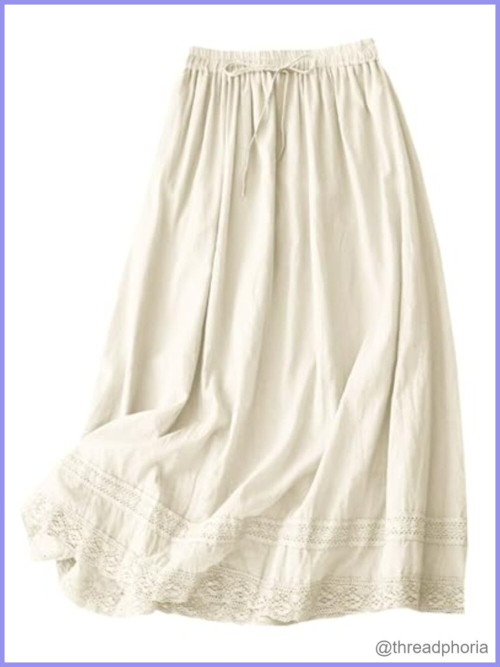 Cotton Linen Midi Skirt Lace Trim A-Line Drawstring Work Boho
